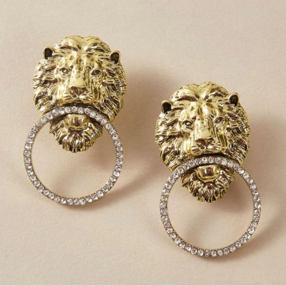 Golden Lions Head Upscale Crystal Earrings - Picture 3 of 3